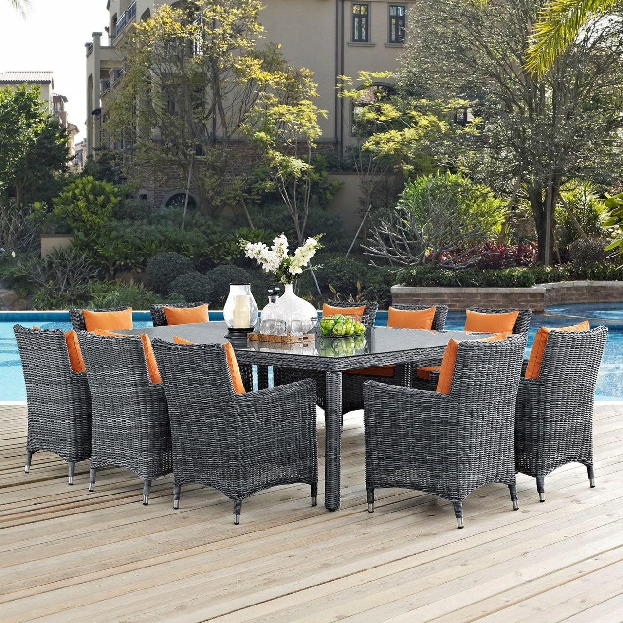 Summon Eleven PCS Outdoor Patio Sunbrella Dining Set, Orange, Rattan 11035