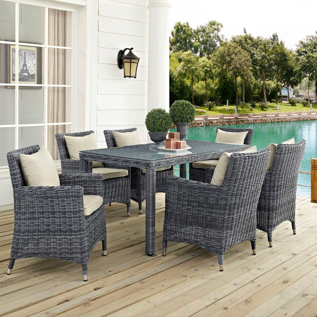 Summon Seven PCS Outdoor Patio Sunbrella Dining Set, Beige, Rattan 11036