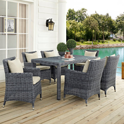 Summon Seven PCS Outdoor Patio Sunbrella Dining Set, Beige, Rattan 11036