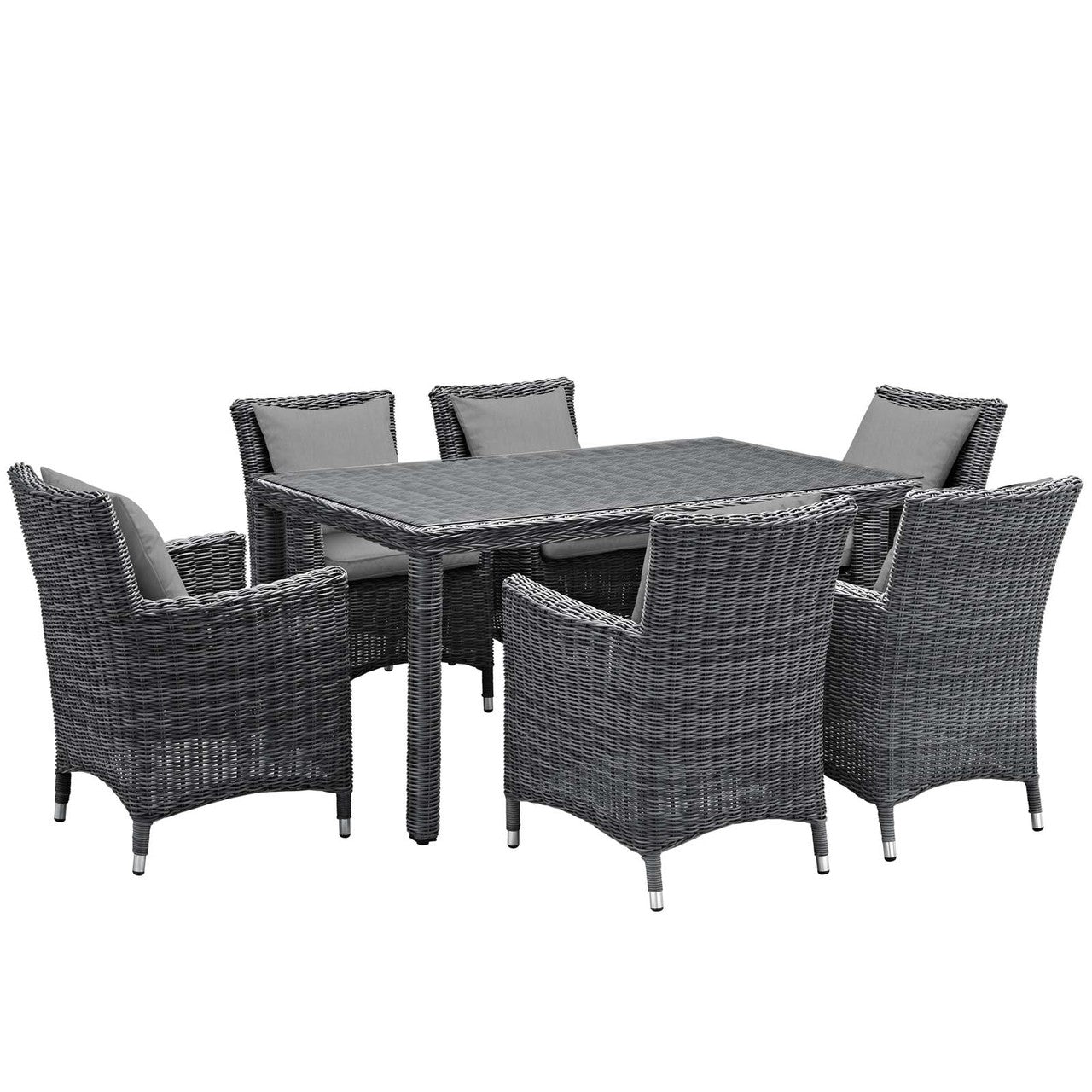 Summon 7 Piece Outdoor Patio Sunbrella® Dining Set, Sunbrella Rattan Wicker, Grey Gray 13542
