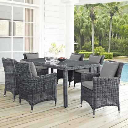 Summon 7 Piece Outdoor Patio Sunbrella® Dining Set, Sunbrella Rattan Wicker, Grey Gray 13542