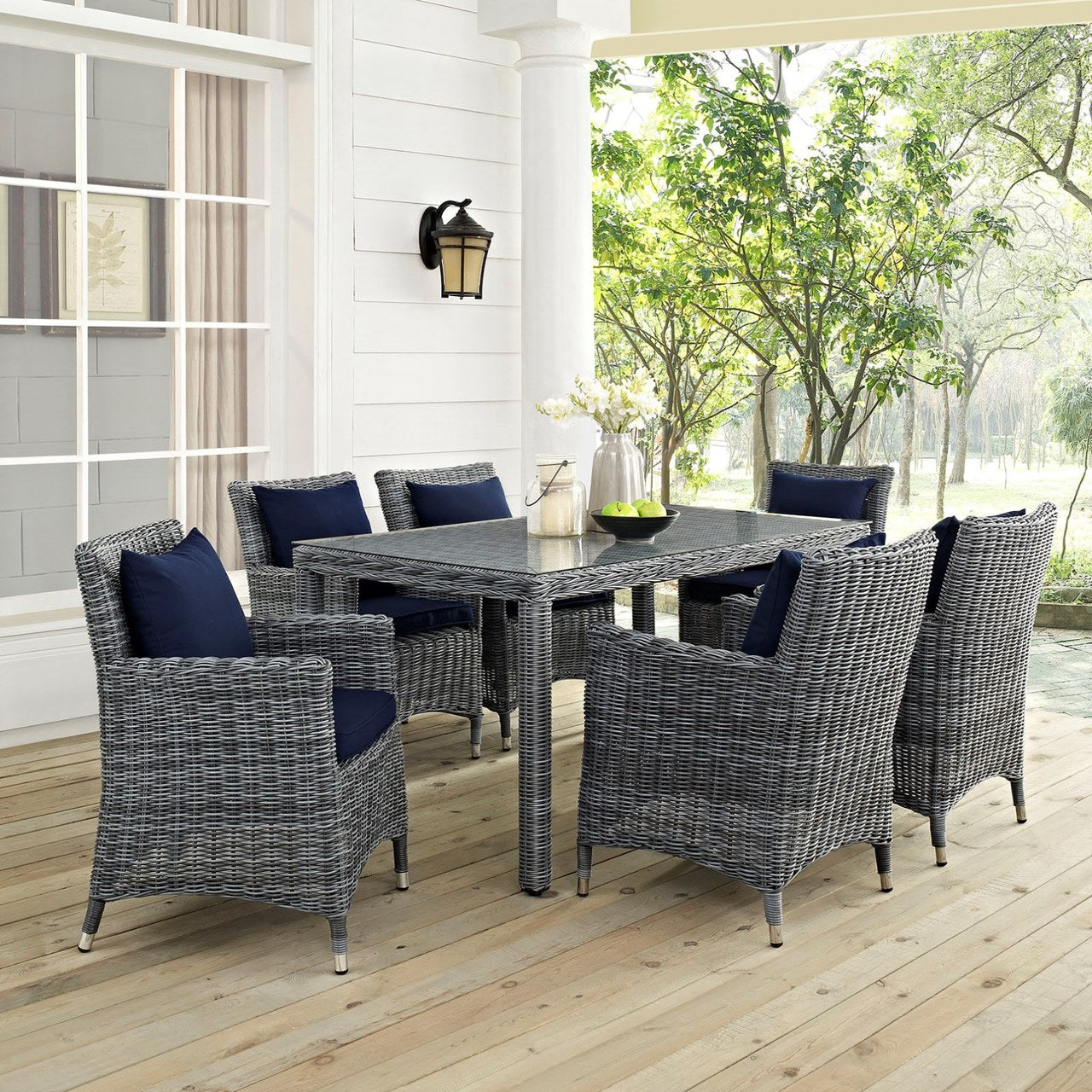 Summon Seven PCS Outdoor Patio Sunbrella Dining Set, Navy, Rattan 11037