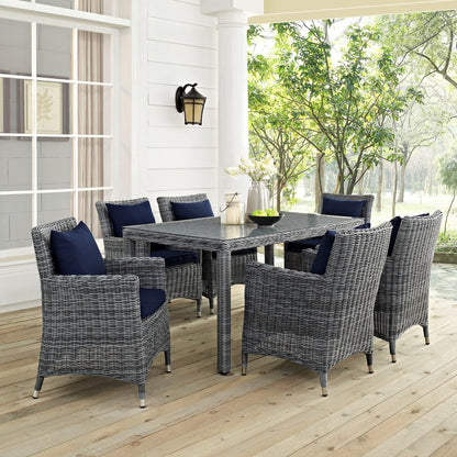 Summon Seven PCS Outdoor Patio Sunbrella Dining Set, Navy, Rattan 11037