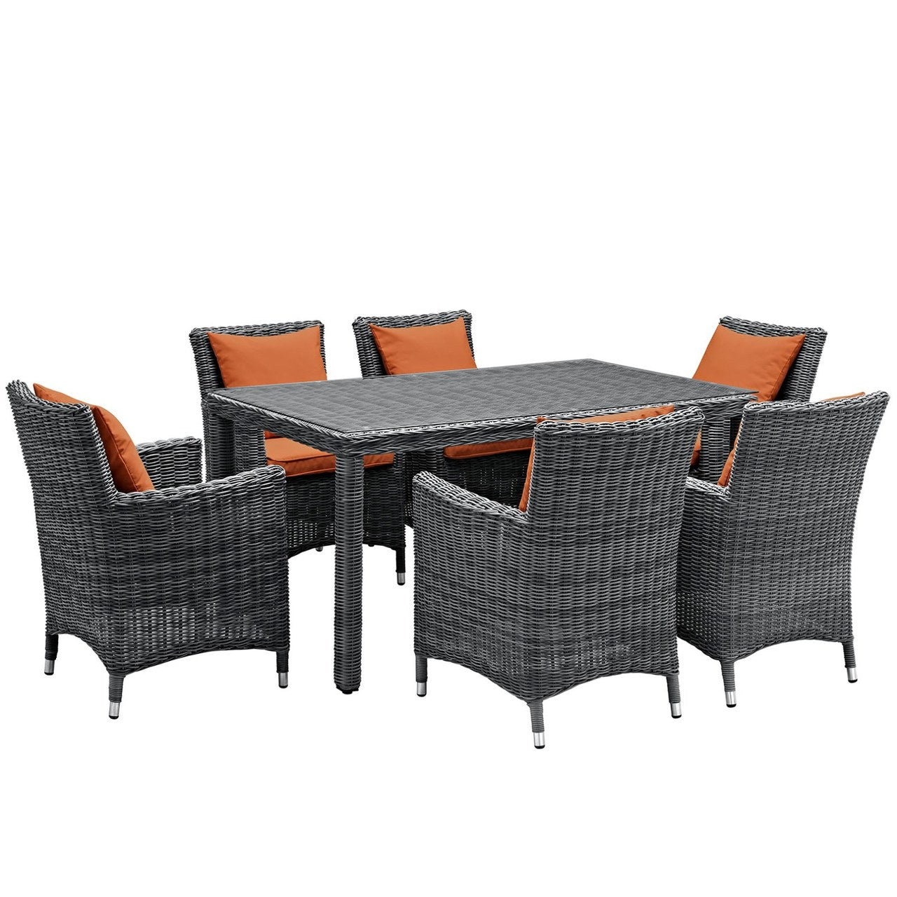 Summon Seven PCS Outdoor Patio Sunbrella Dining Set, Orange, Rattan 11038