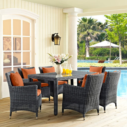 Summon Seven PCS Outdoor Patio Sunbrella Dining Set, Orange, Rattan 11038