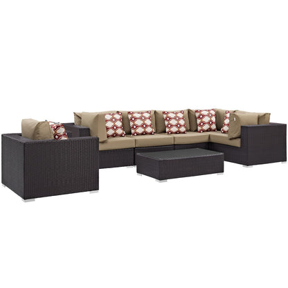 Convene Seven PCS Outdoor Patio Sectional Set, Brown, Rattan 11058