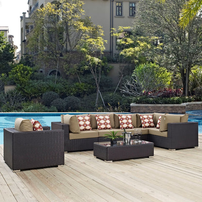 Convene Seven PCS Outdoor Patio Sectional Set, Brown, Rattan 11058