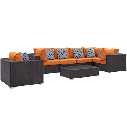 Convene Seven PCS Outdoor Patio Sectional Set, Orange, Rattan 11059