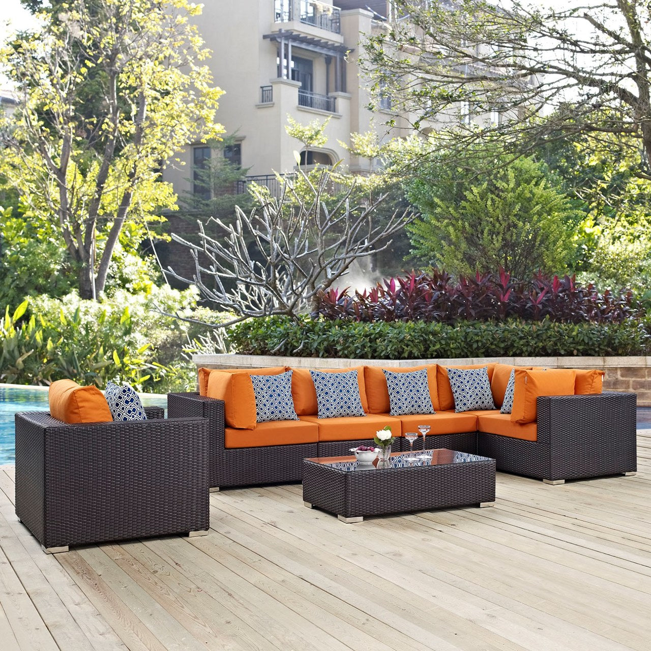 Convene Seven PCS Outdoor Patio Sectional Set, Orange, Rattan 11059