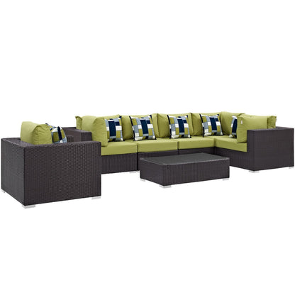 Convene Seven PCS Outdoor Patio Sectional Set, Green, Rattan 11060