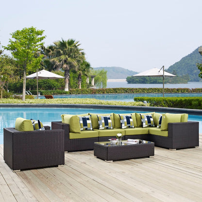 Convene Seven PCS Outdoor Patio Sectional Set, Green, Rattan 11060