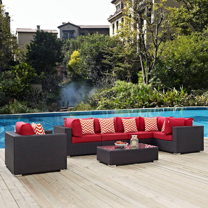 Convene Seven PCS Outdoor Patio Sectional Set, Red, Rattan 11061