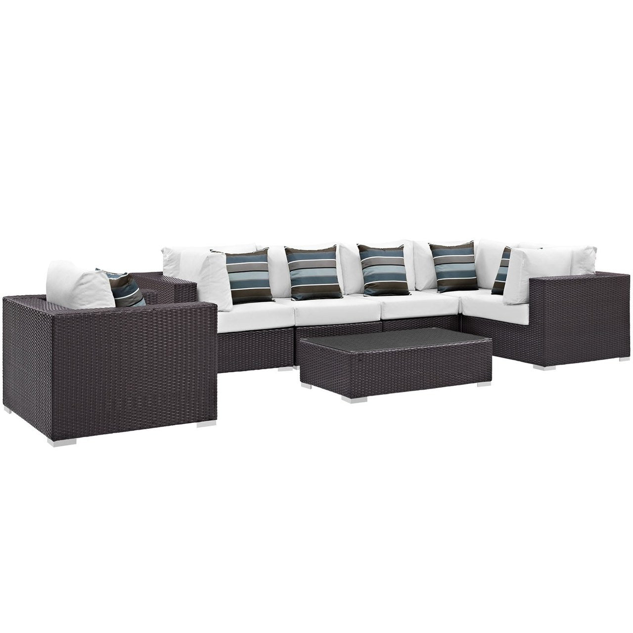 Convene Seven PCS Outdoor Patio Sectional Set, White, Rattan 11063