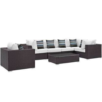 Convene Seven PCS Outdoor Patio Sectional Set, White, Rattan 11063