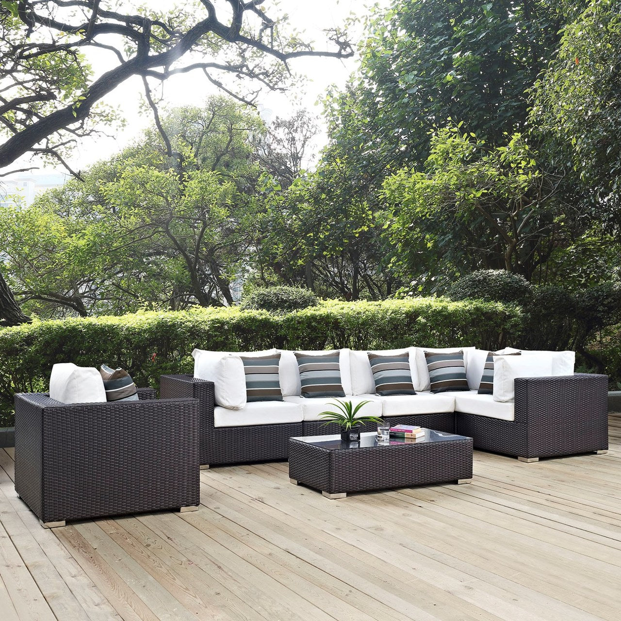 Convene Seven PCS Outdoor Patio Sectional Set, White, Rattan 11063