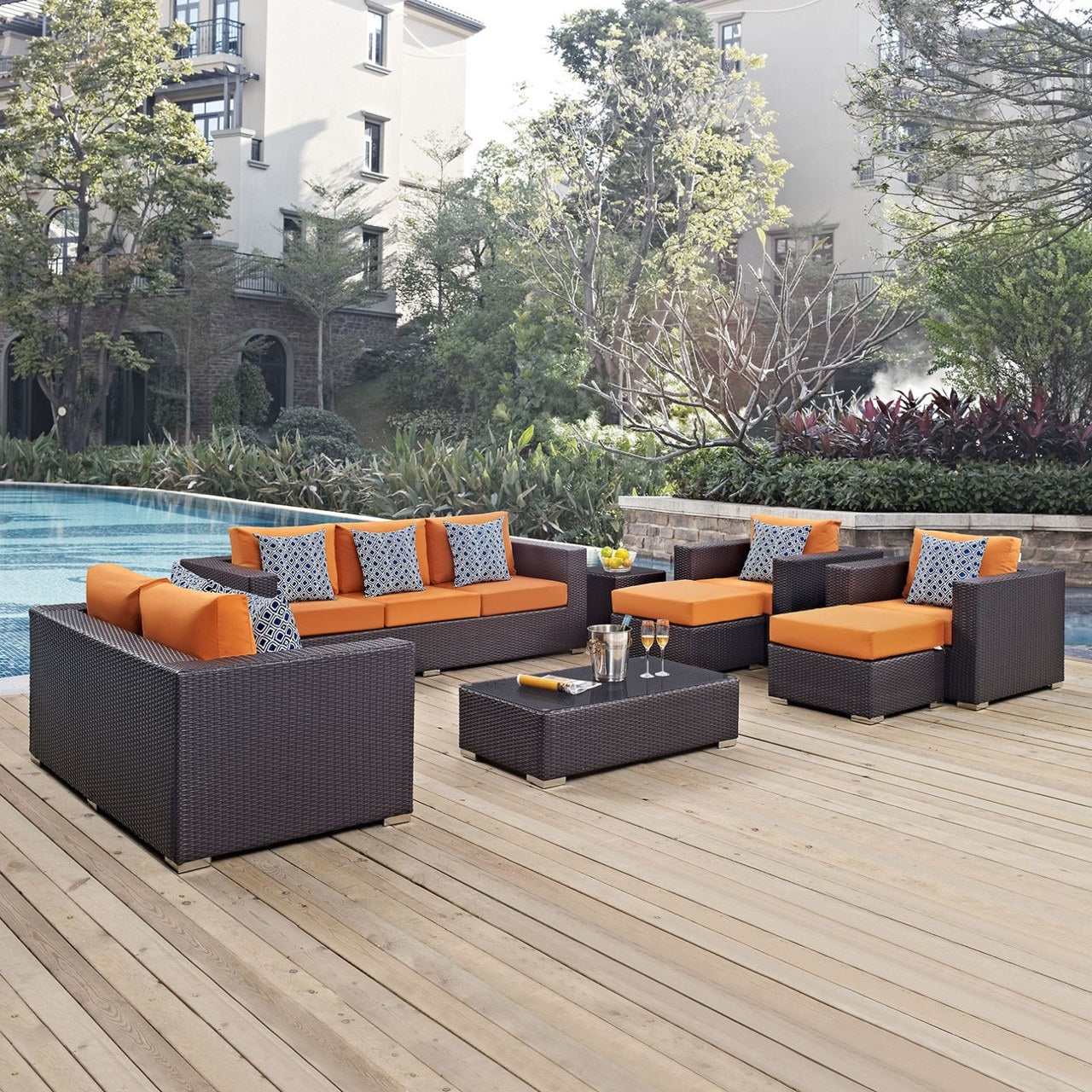 Convene Nine PCS Outdoor Patio Sofa Set, Orange, Rattan 11066