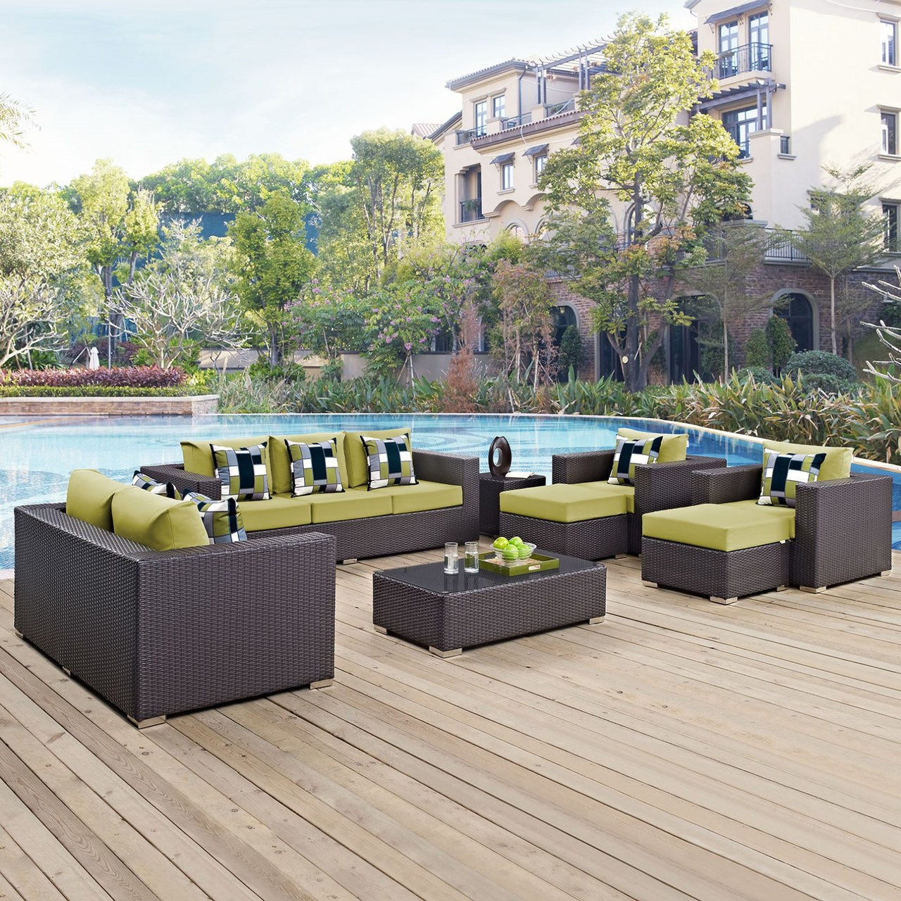 Convene Nine PCS Outdoor Patio Sofa Set, Green, Rattan 11067
