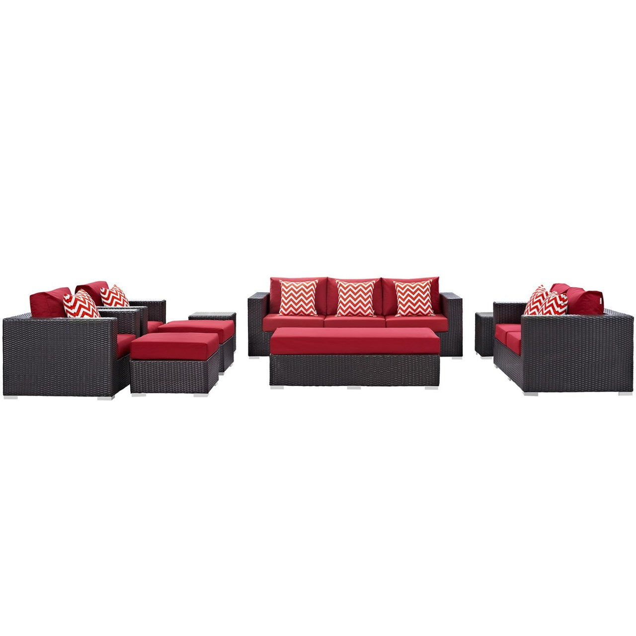 Convene Nine PCS Outdoor Patio Sofa Set, Red, Rattan 11068