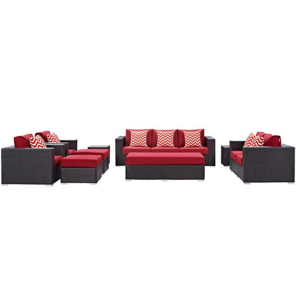 Convene Nine PCS Outdoor Patio Sofa Set, Red, Rattan 11068