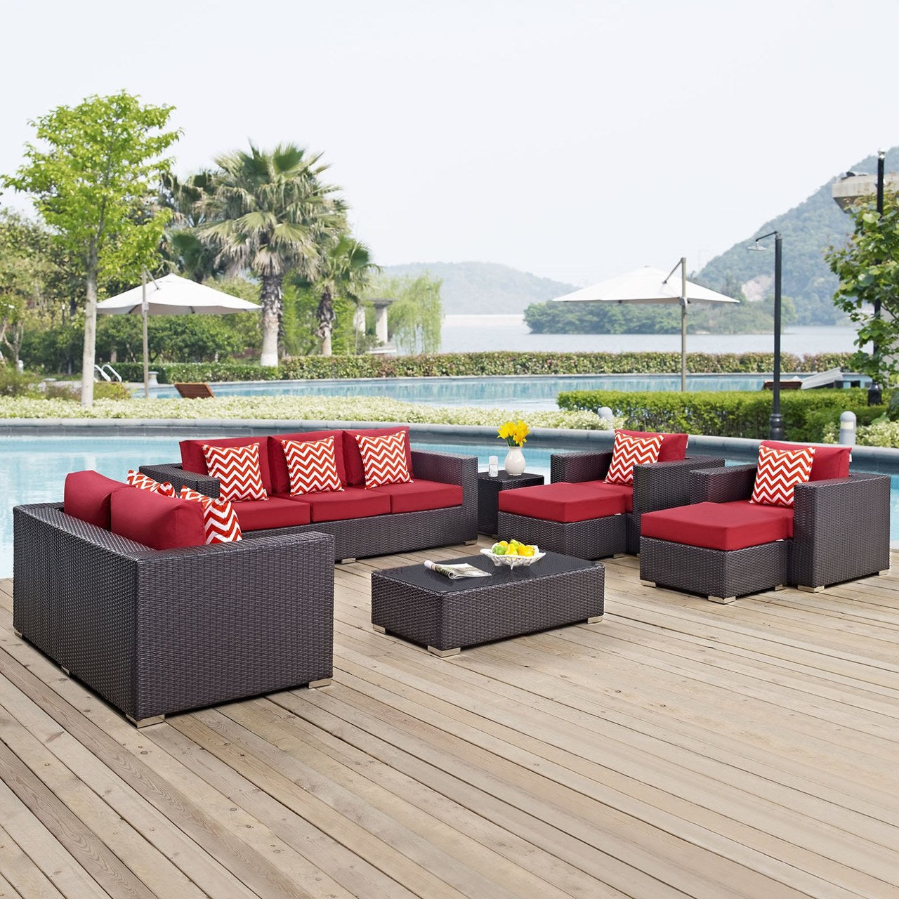Convene Nine PCS Outdoor Patio Sofa Set, Red, Rattan 11068