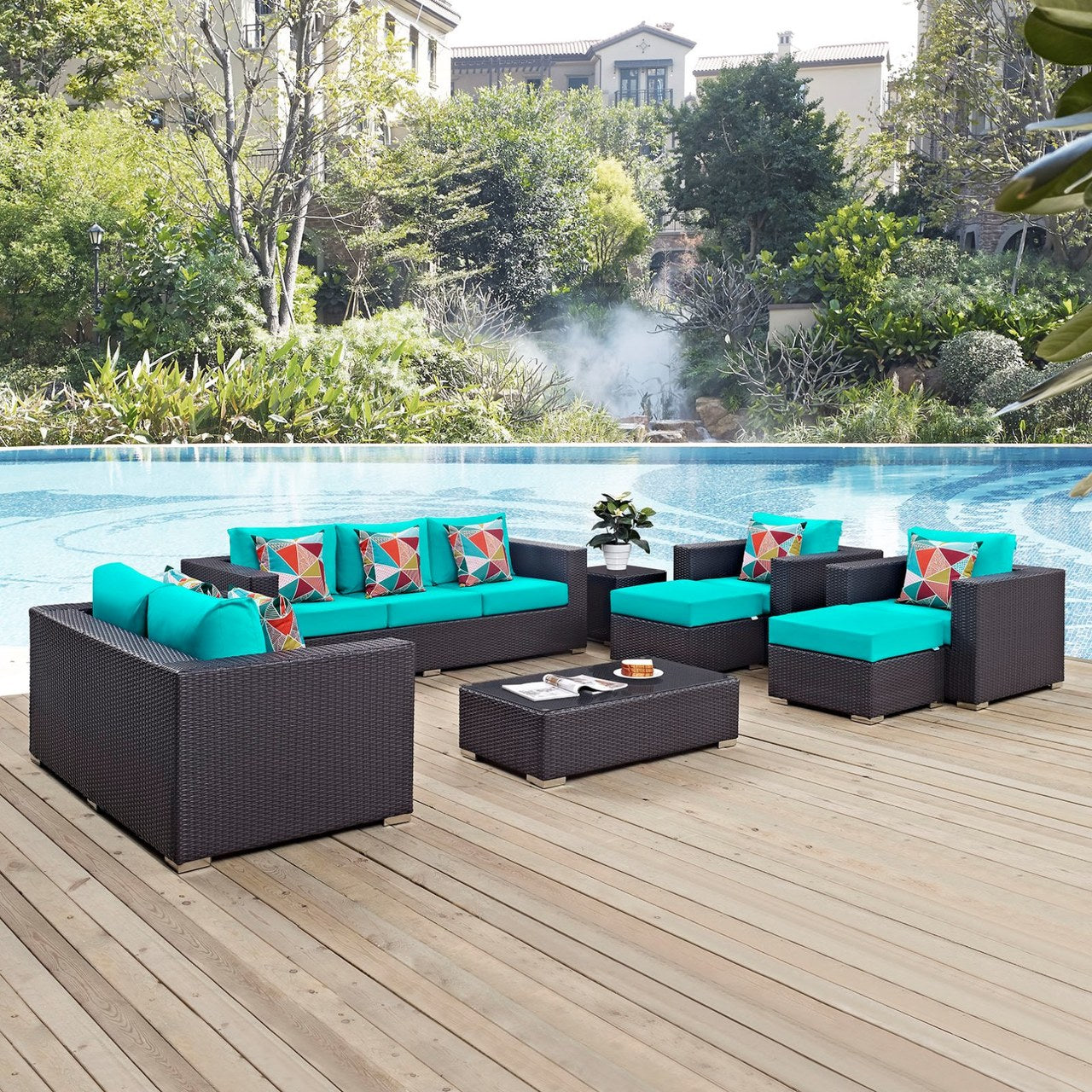 Convene Nine PCS Outdoor Patio Sofa Set, Blue, Rattan 11069