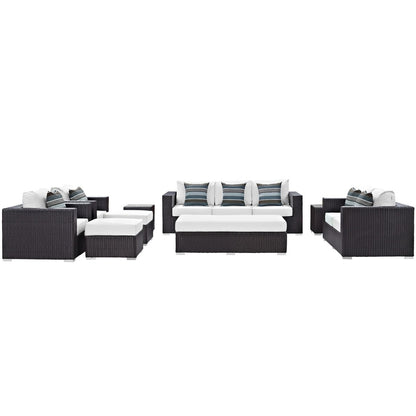 Convene Nine PCS Outdoor Patio Sofa Set, White, Rattan 11070