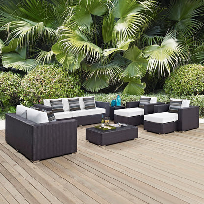 Convene Nine PCS Outdoor Patio Sofa Set, White, Rattan 11070