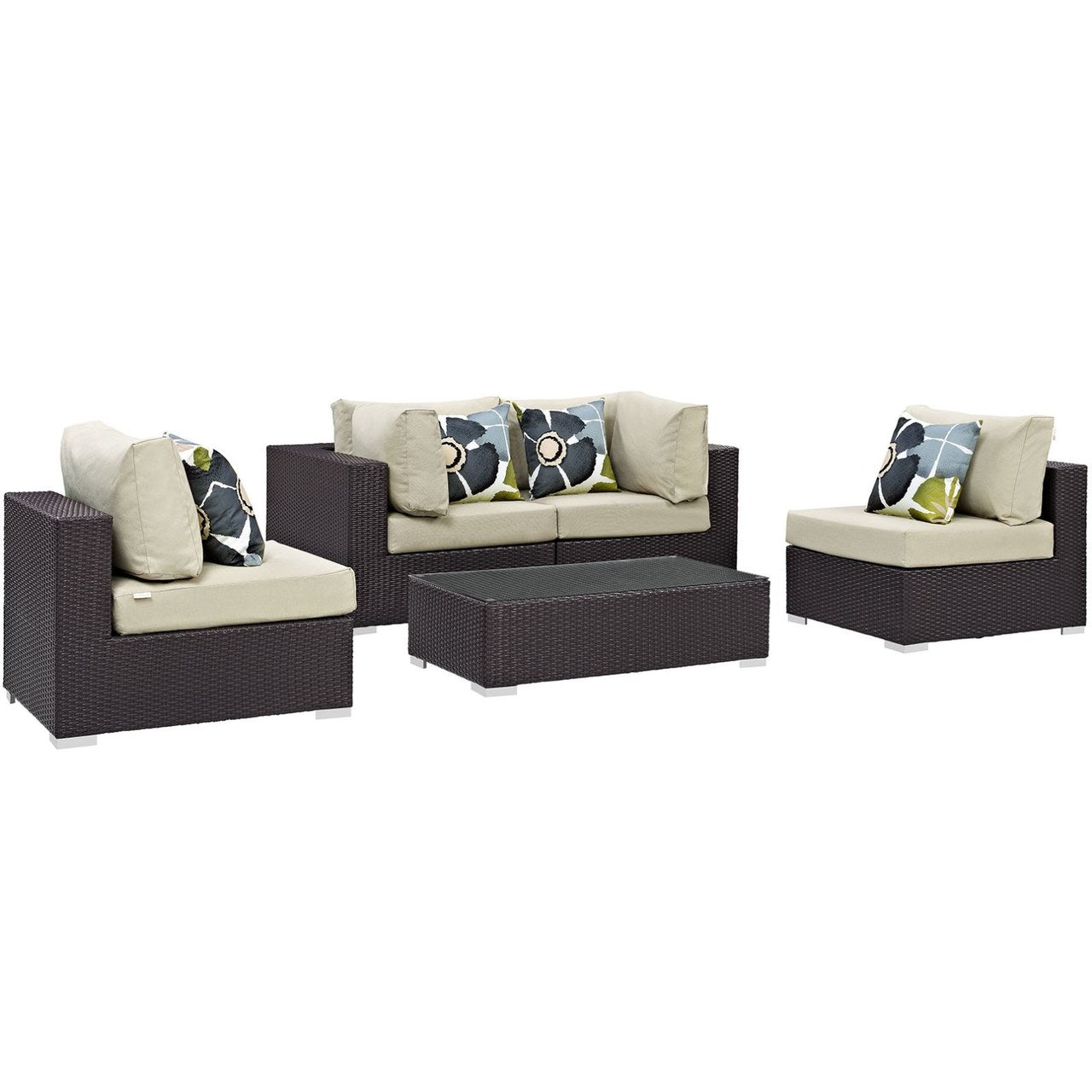 Convene Five PCS Outdoor Patio Sectional Set, Beige, Rattan 11071