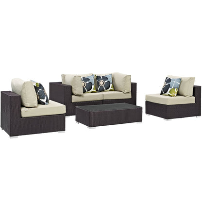 Convene Five PCS Outdoor Patio Sectional Set, Beige, Rattan 11071