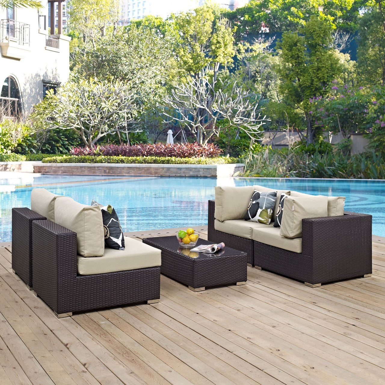 Convene Five PCS Outdoor Patio Sectional Set, Beige, Rattan 11071