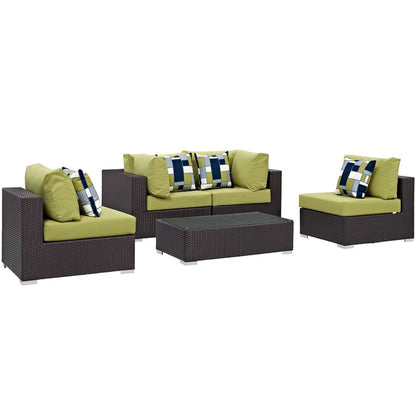 Convene Five PCS Outdoor Patio Sectional Set, Green, Rattan 11074