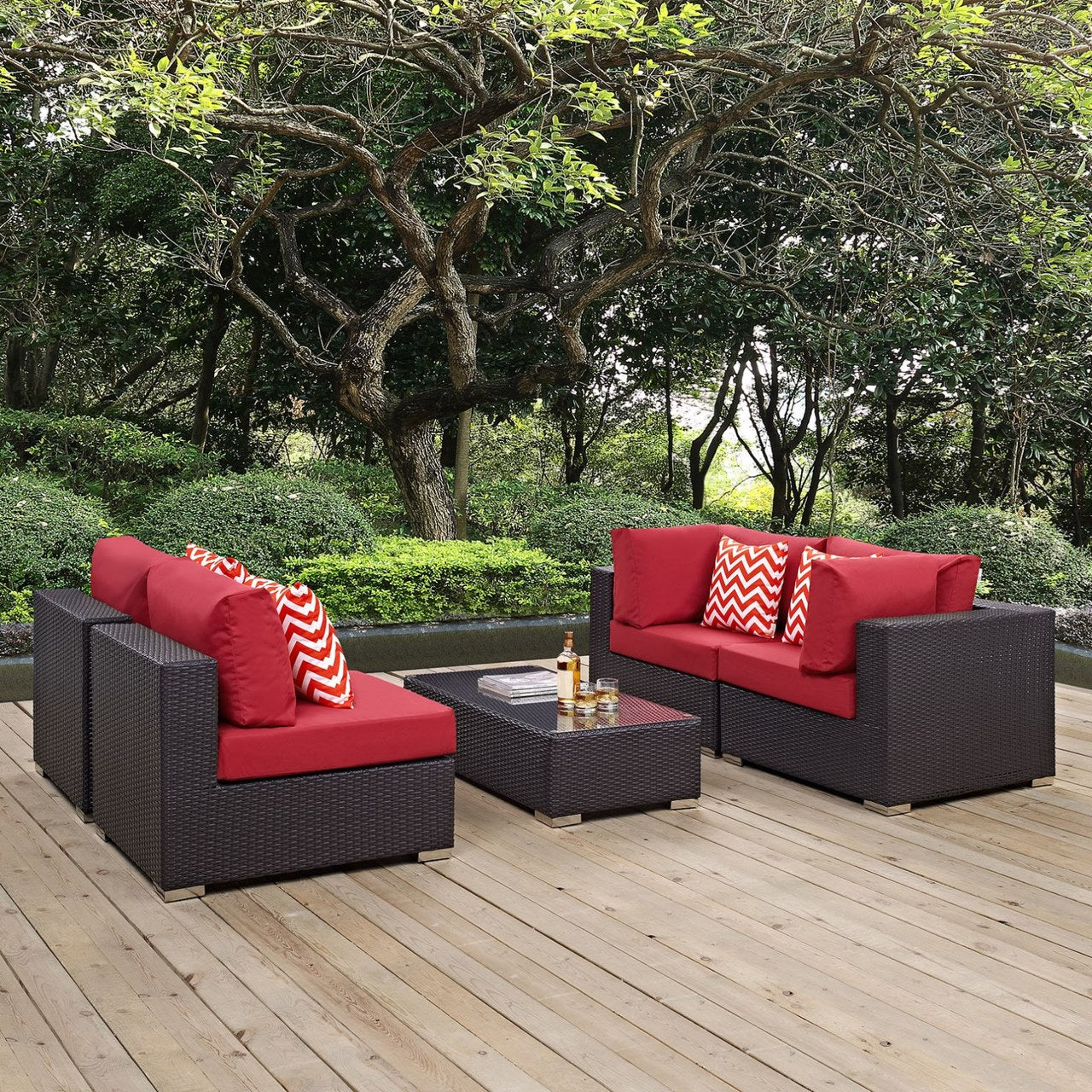 Convene Five PCS Outdoor Patio Sectional Set, Red, Rattan 11075