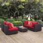 Convene Five PCS Outdoor Patio Sectional Set, Red, Rattan 11075