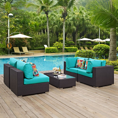 Convene Five PCS Outdoor Patio Sectional Set, Blue, Rattan 11076