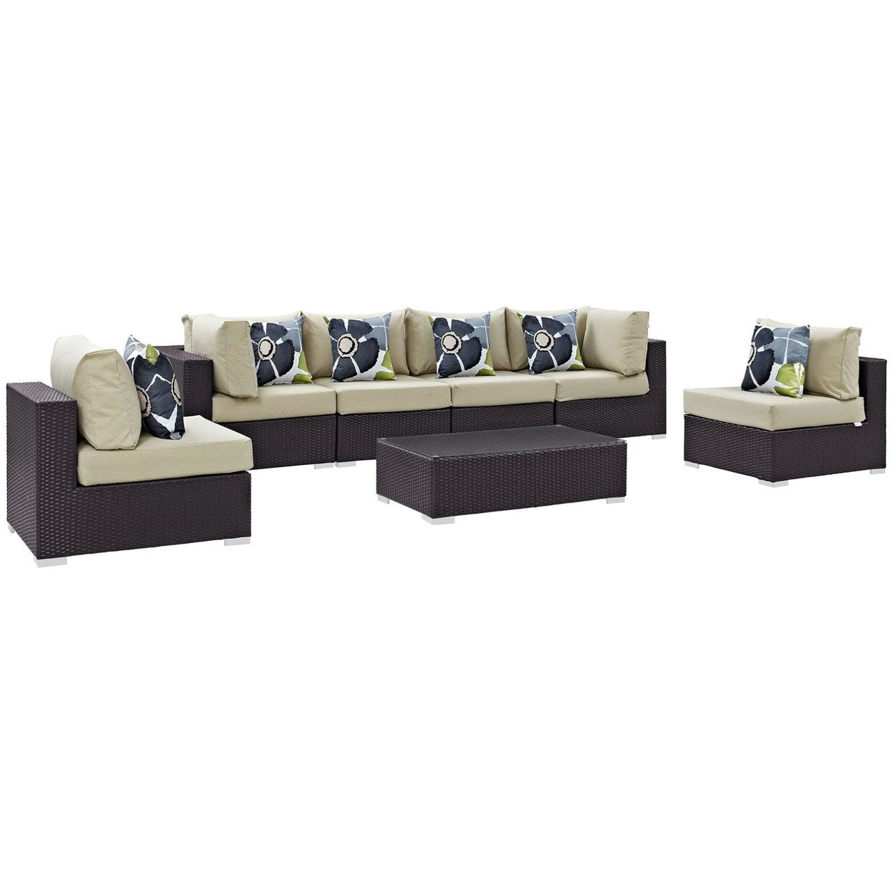 Convene Seven PCS Outdoor Patio Sectional Set, Beige, Rattan 11078