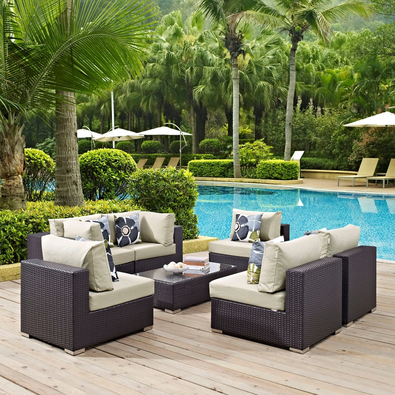 Convene Seven PCS Outdoor Patio Sectional Set, Beige, Rattan 11078