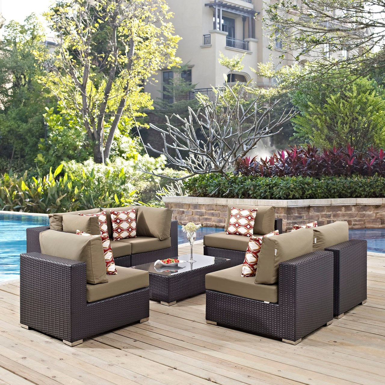 Convene Seven PCS Outdoor Patio Sectional Set, Brown, Rattan 11079