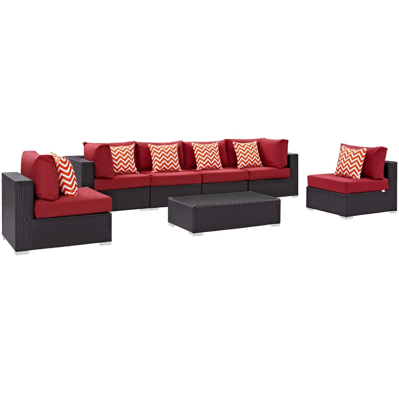 Convene Seven PCS Outdoor Patio Sectional Set, Red, Rattan 11082