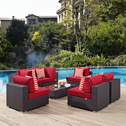 Convene Seven PCS Outdoor Patio Sectional Set, Red, Rattan 11082