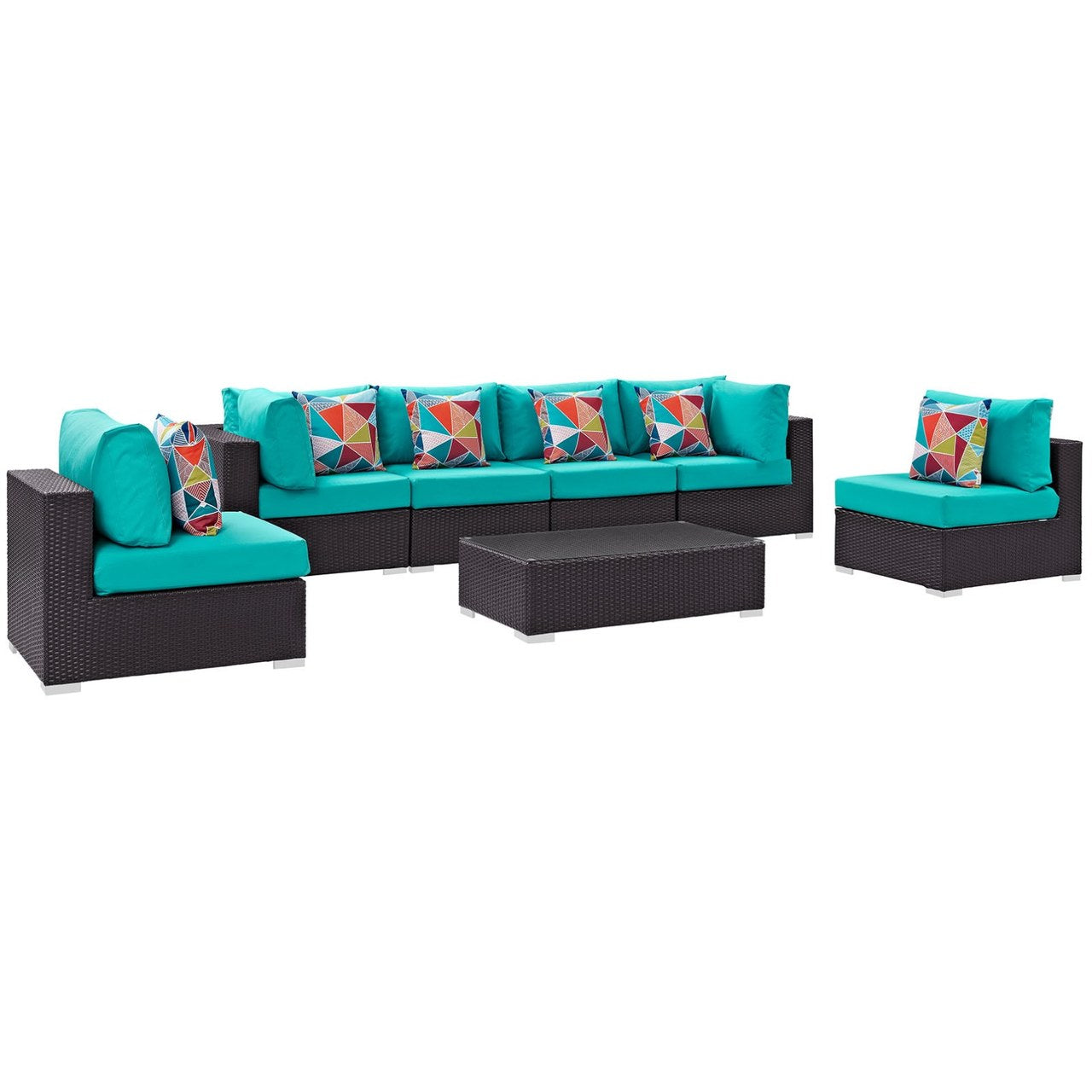 Convene Seven PCS Outdoor Patio Sectional Set, Blue, Rattan 11083