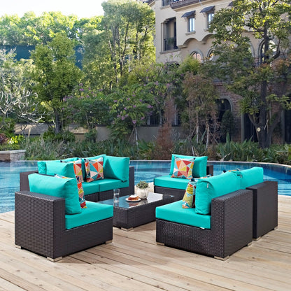 Convene Seven PCS Outdoor Patio Sectional Set, Blue, Rattan 11083