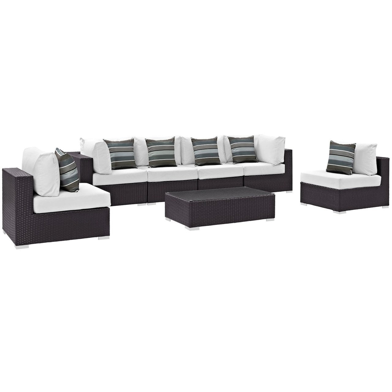 Convene Seven PCS Outdoor Patio Sectional Set, White, Rattan 11084