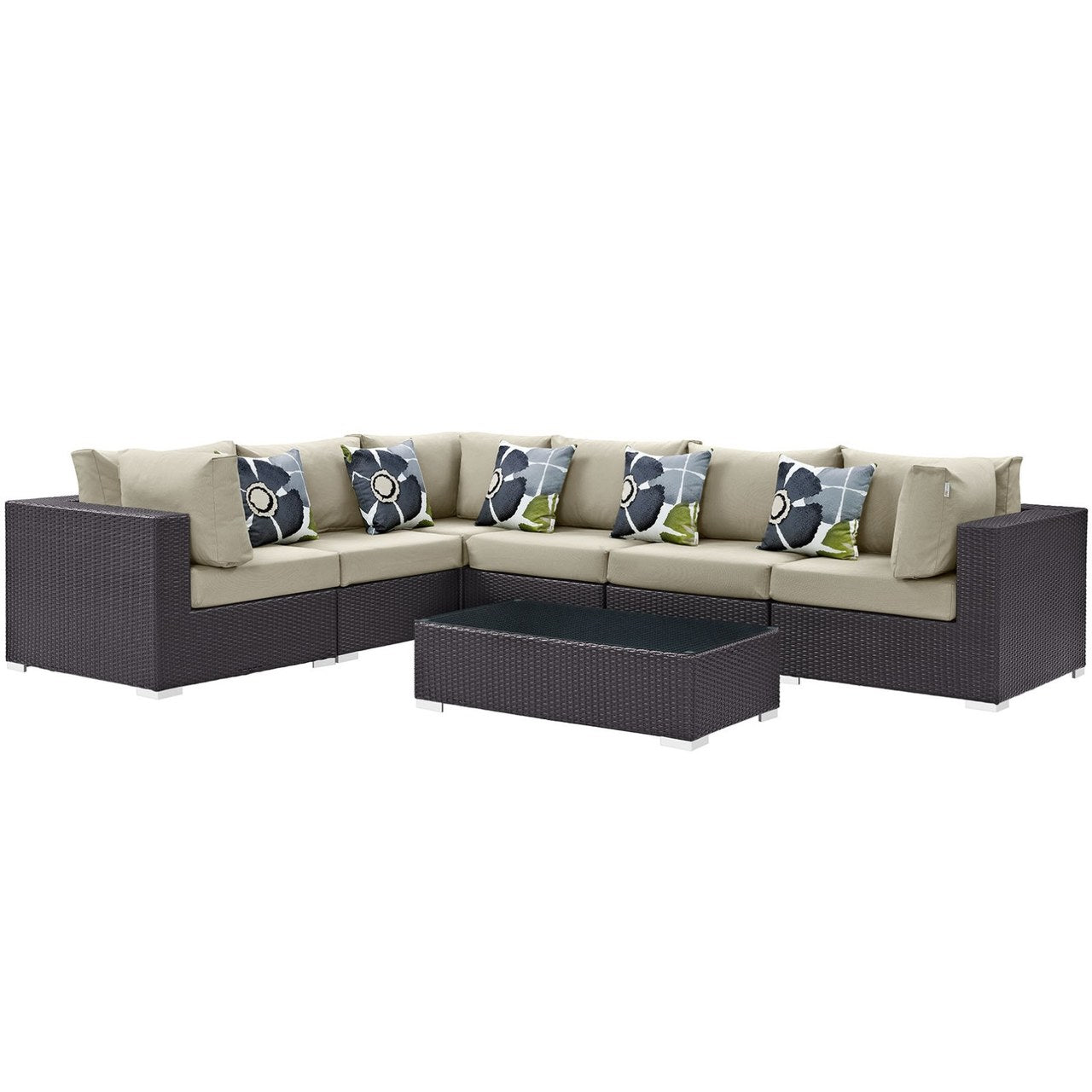 Convene Seven PCS Outdoor Patio Sectional Set, Beige, Rattan 11085