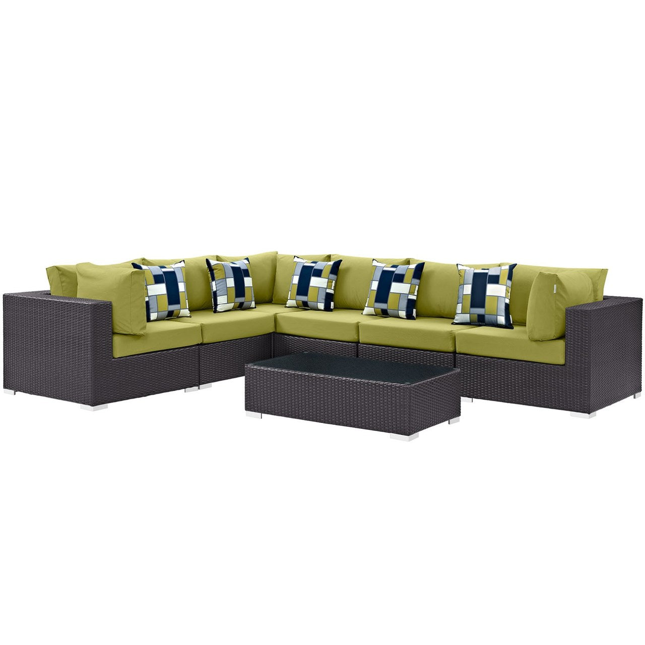 Convene Seven PCS Outdoor Patio Sectional Set, Green, Rattan 11088