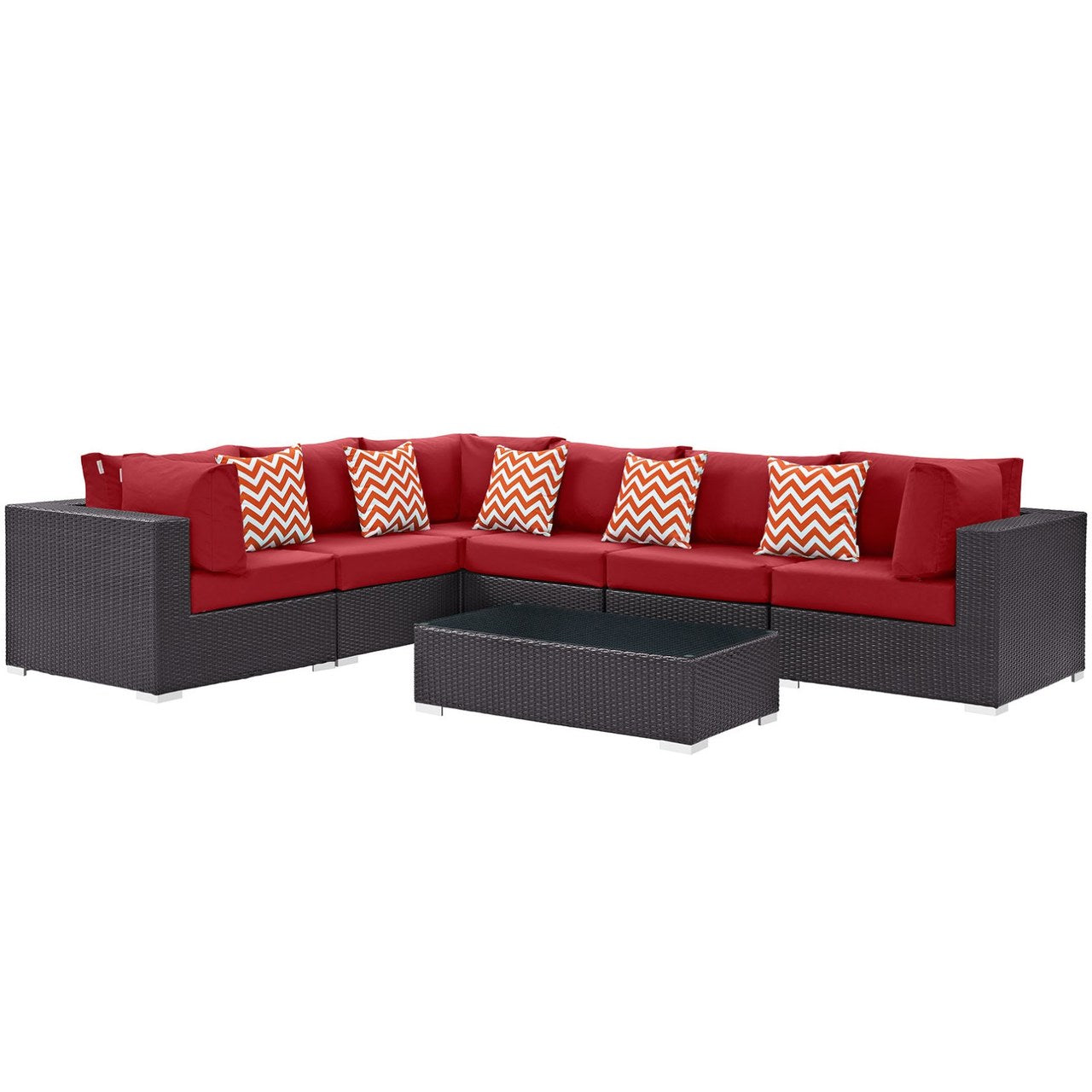 Convene Seven PCS Outdoor Patio Sectional Set, Red, Rattan 11089