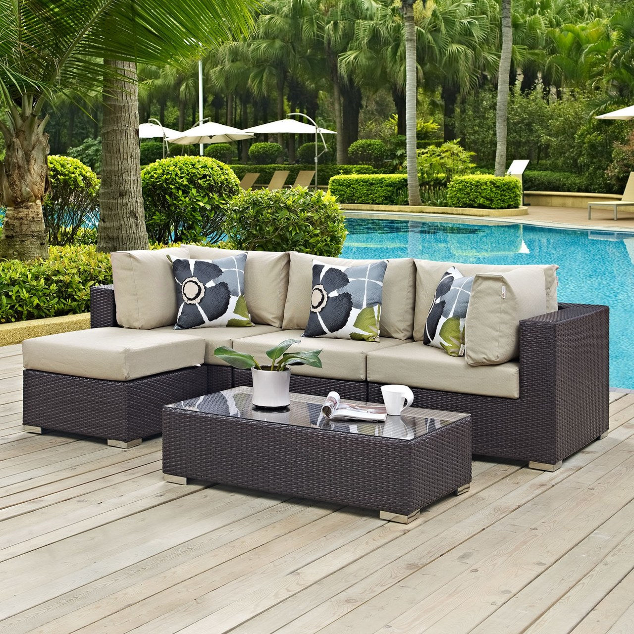 Convene Five PCS Outdoor Patio Sectional Set, Beige, Rattan 11092