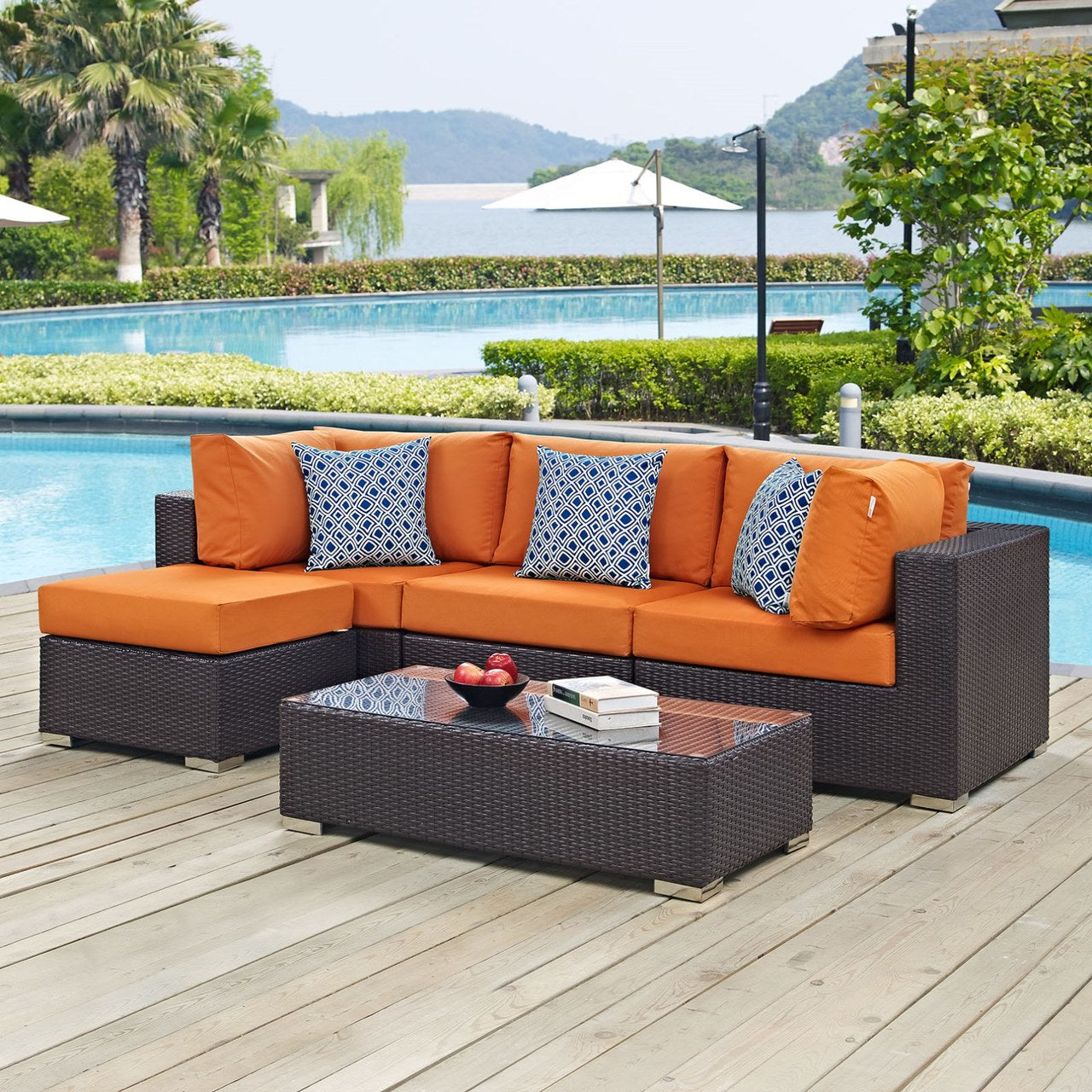 Convene Five PCS Outdoor Patio Sectional Set, Orange, Rattan 11094