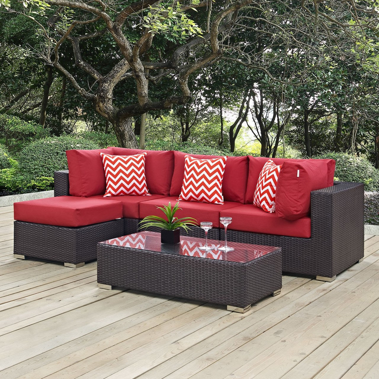 Convene Five PCS Outdoor Patio Sectional Set, Red, Rattan 11096
