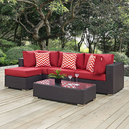 Convene Five PCS Outdoor Patio Sectional Set, Red, Rattan 11096