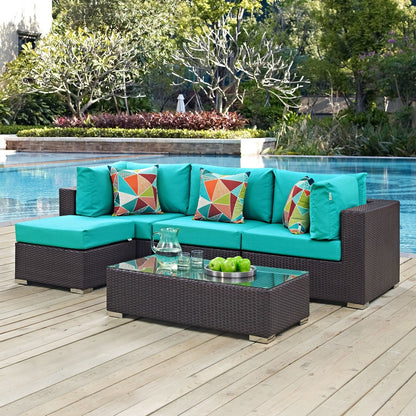 Convene Five PCS Outdoor Patio Sectional Set, Blue, Rattan 11097